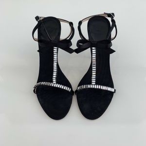 GIUSEPPE ZANOTTI BLACK GROSGRAIN CRYSTAL BOW SANDALS SIZE IT 37.5 / US 7.5